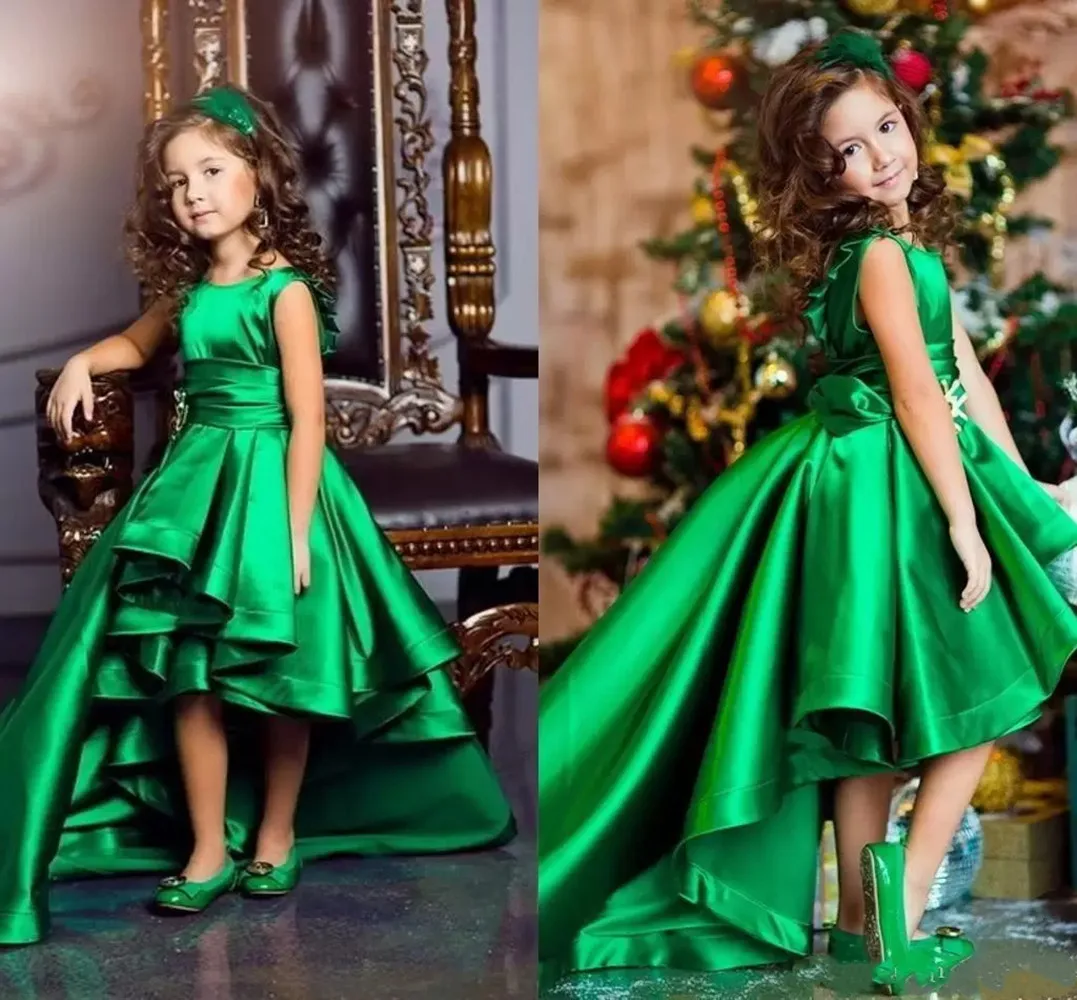 

Green Satin High Low Girls Children's Dress Pageant New Jewel Neckline Sleeveless Kids Puffy Prom Birthday Wedding Party Gown