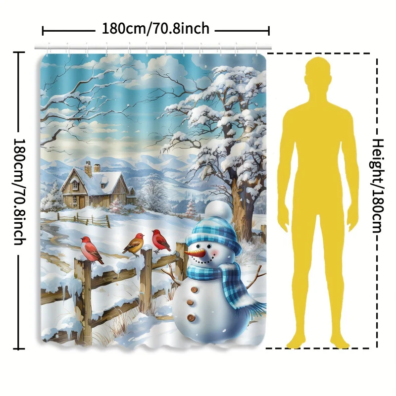 Christmas Snow Scene with Blue Snowman Shower Curtain Set, Water-resistant Polyester Bathroom Decor with 12 Eyelets, Woven Fashi