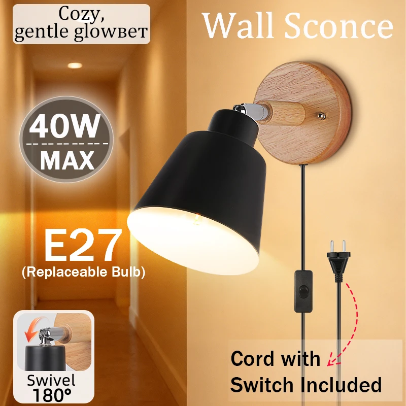 

Светодиодный настенный светильник E27, сменная лампа 85-265 В, 3-цветный настенный светильник, прикроватный светильник для гостиной, спальни, настенное бра, декоративное освещение