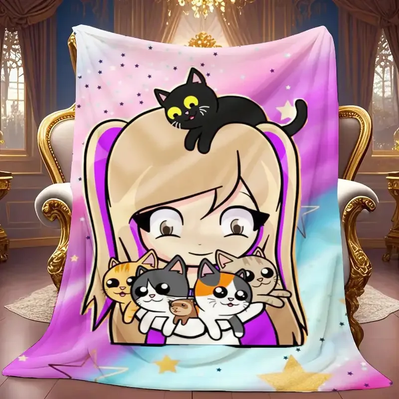 1 Stück Kawaii Anime-Mädchen mit Katzen Flanell-Wurfdecke, 2D Pastell-Sternendruck, Ganzjahres-Wärmedecke für Kinderzimmer, Wohnzimmer