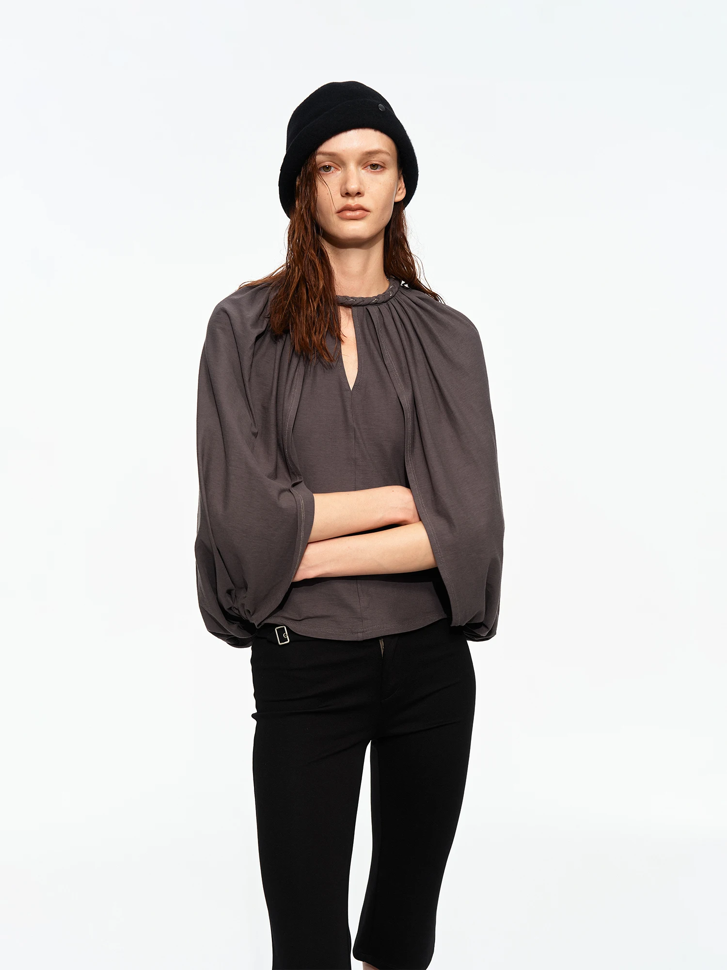 Handcrafted Pure Cotton Hollow out Lazy T-Shirt Women's round Neck Two-Piece Look Cowl Neck Top Vintage Style Casual Wear