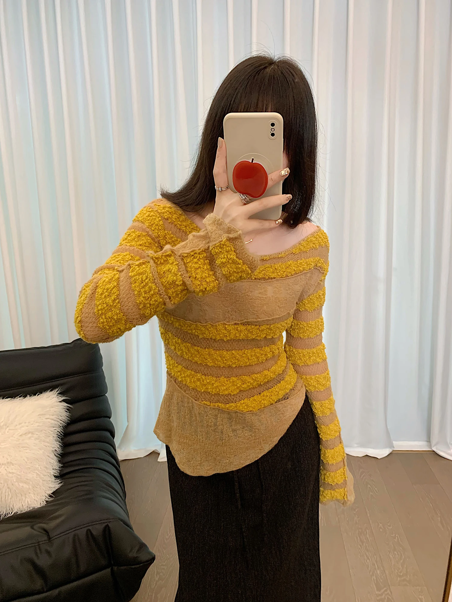 

Yellow Striped Knitwear Women's Slim Fit Uneven Hem One-oulder Design Warm Thiened Long Sve Autumn Faion Commute Sle