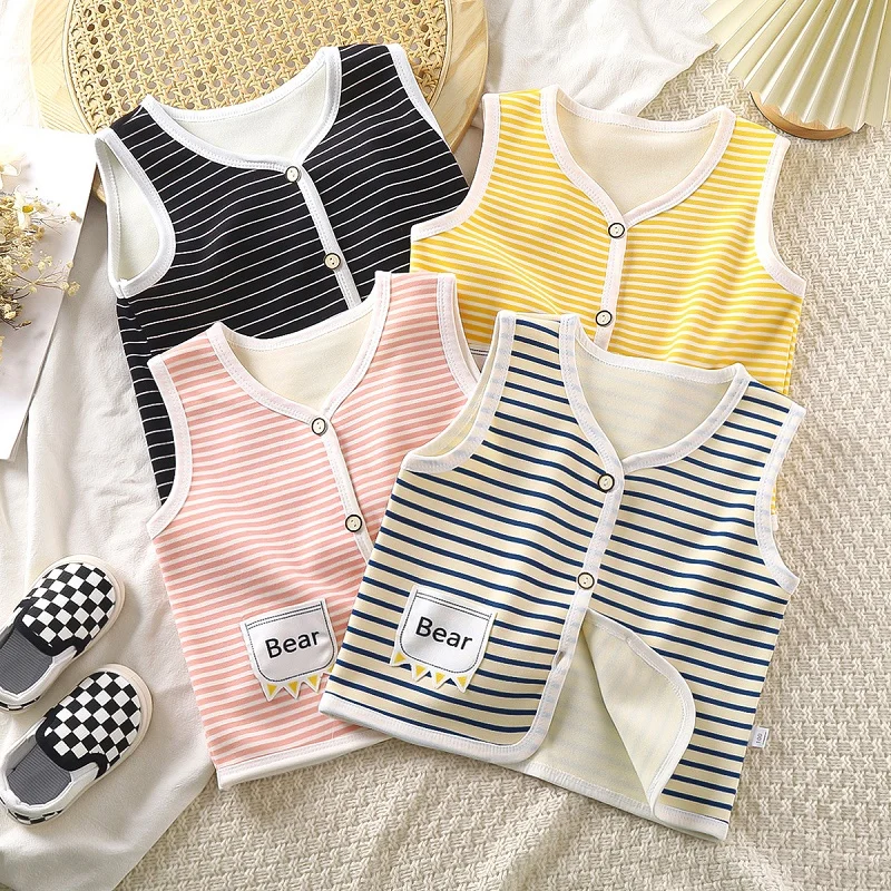 Baby velvet vest autumn and winter new thickened warm coat children's striped letter coat casual Korean children's clothing