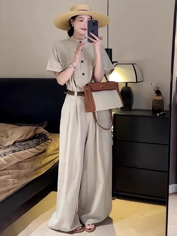 Ele Katoen Linnen Wijde Pijpen Jumpsuit Dames Los Drapey Feel Zomer 2025, Nieuwe Sle Faionable Eendelige Broek