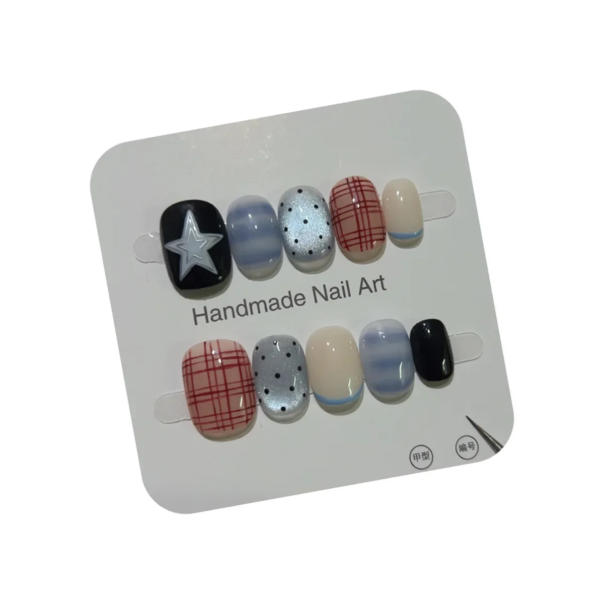 10 Uds. De uñas postizas cortas con forma ovalada, rayas y diseños de estrellas de bloques de Color, uñas postizas brillantes que combinan y combinan para mujeres y niñas