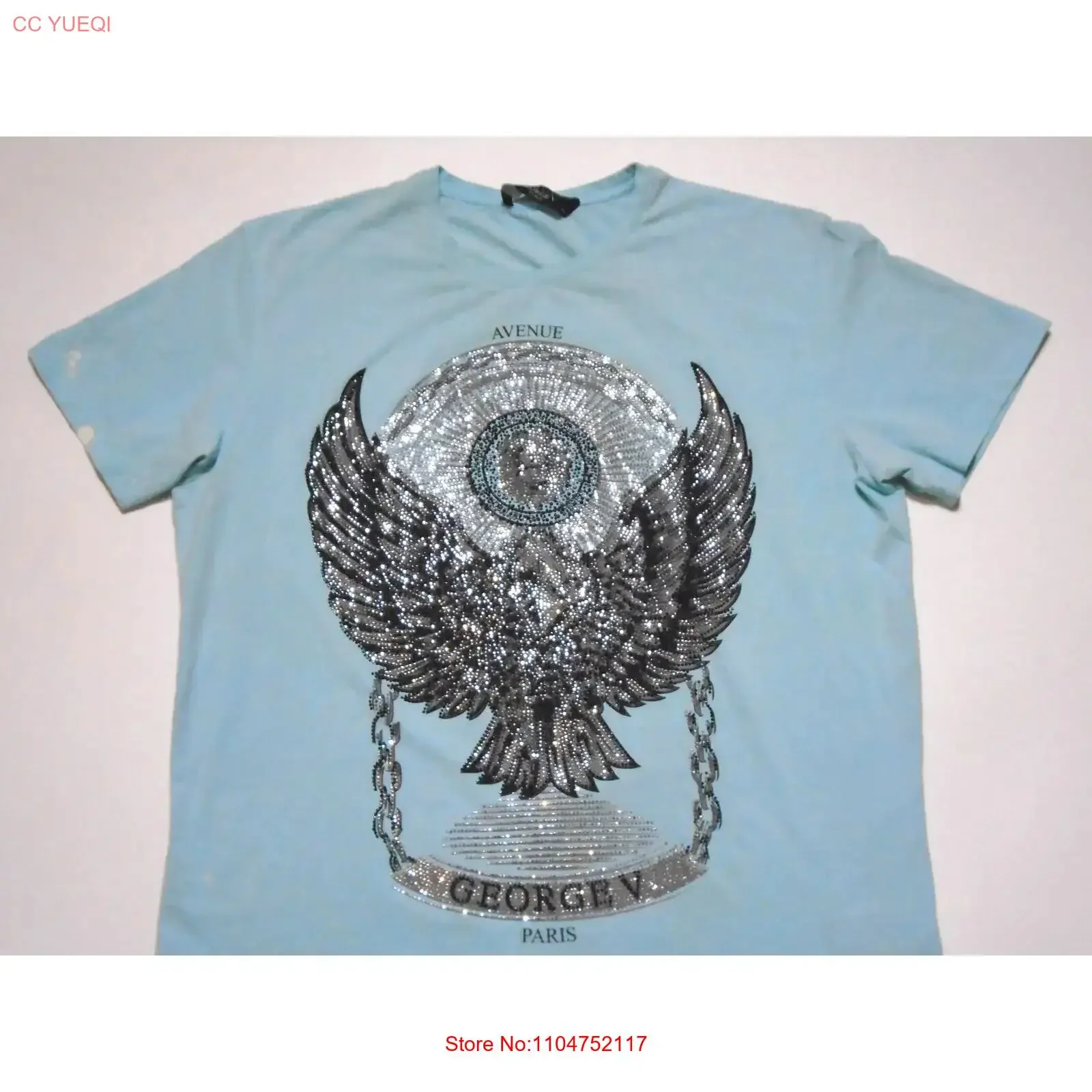 Camiseta Avenue George V Paris con águila de diamantes de imitación, azul espuma de mar claro, para hombre, talla XL, estilo vintage lavado, moda streetwear, gráfico suave
