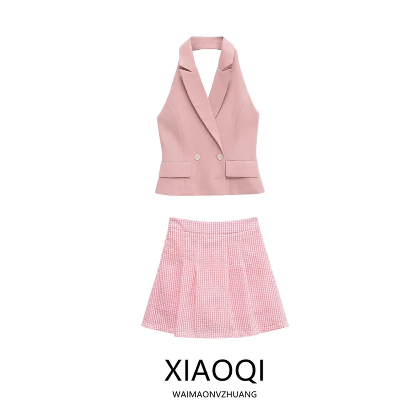 

Summer 2025 Women's Faion ort Vest Double-Breasted Collar Ne Hanging Design Midi Skirt Button Closure Long Sve Outfit