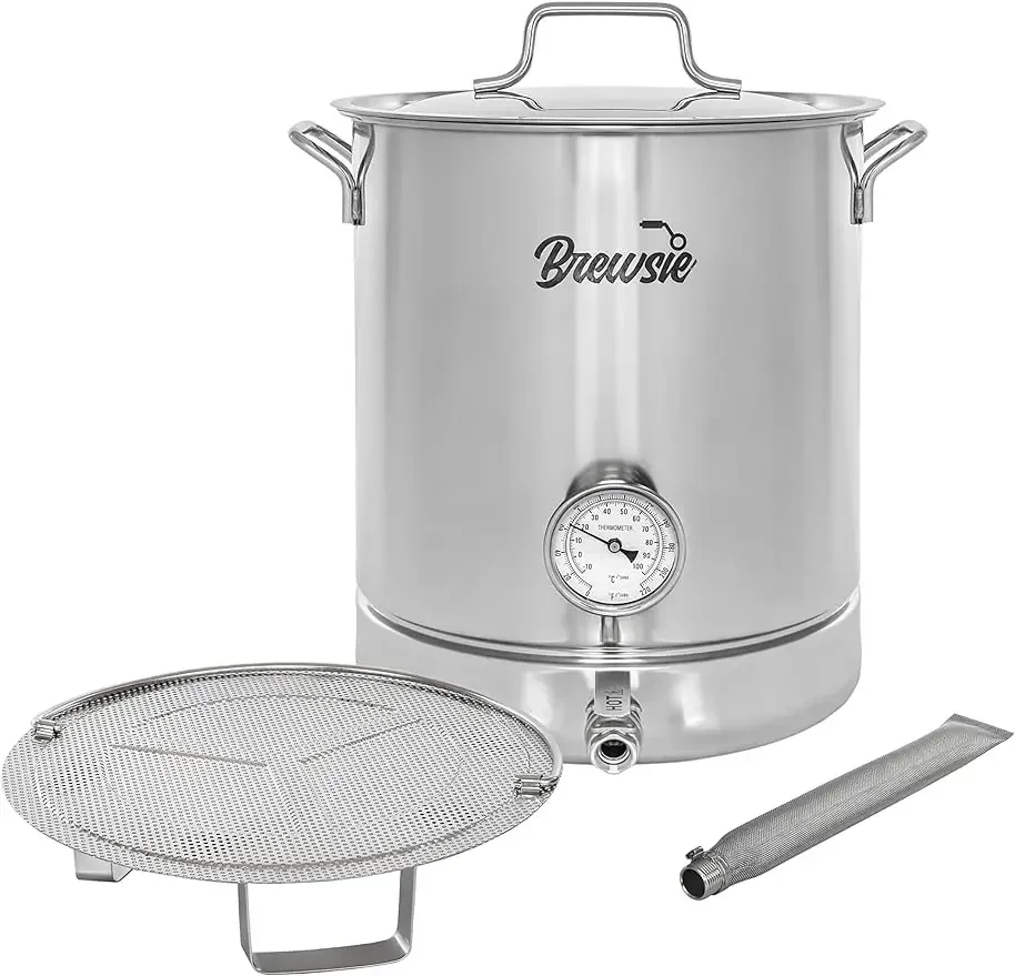 Stainless Steel Home Brew Kettle w/Dual Filtration. Equip with False Bottom Thermometer and Ball Valve for Brewing