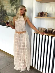 Elegant Lace Up Women Two Piece Sets Sexy Backless Hang Neck Sling Top Loose Fold Beach Dresses 2024 Summer Chic Lady Skirts Set