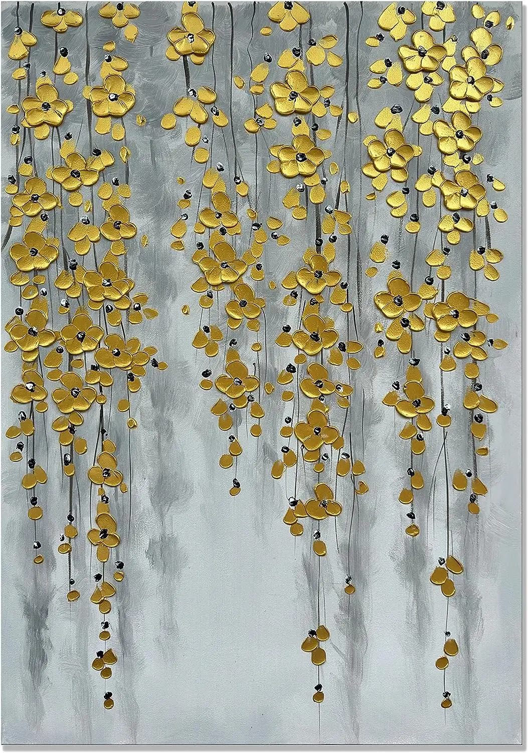 Modern Oil Painting on Canvas Hand Painted Abstract Flower Paintings Gold Floral Artwork Texture Vertical Canvas Wall Art