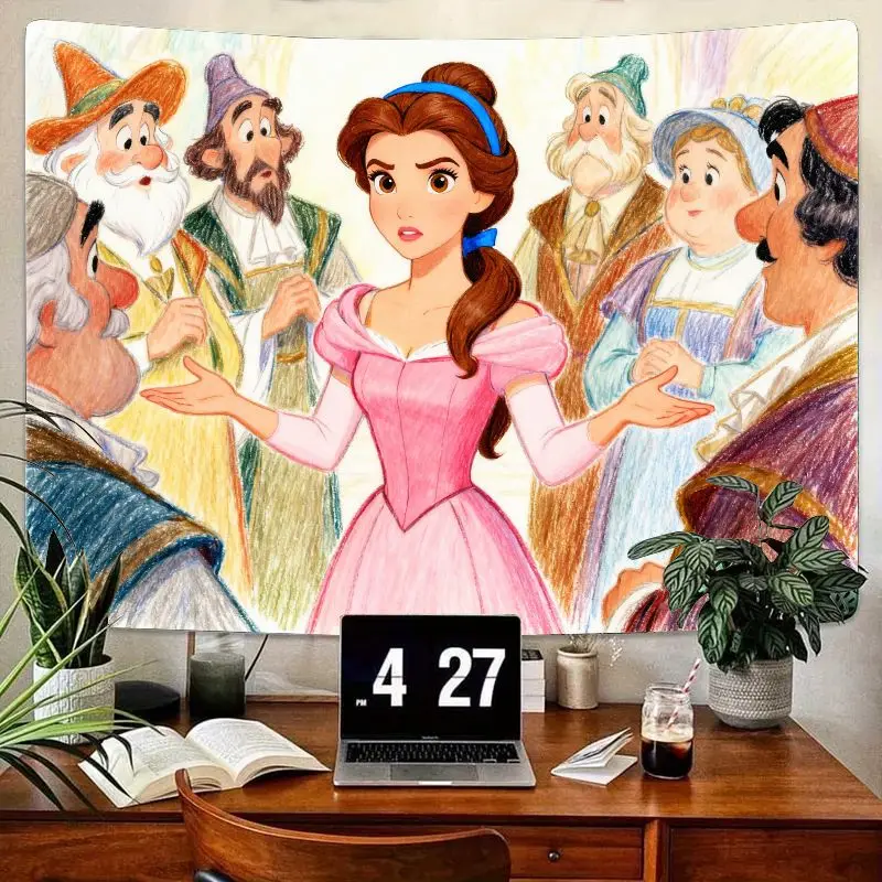 

1PC Disney Princess Belle Pink Dress Tapestry, Modern Fairytale Sketch Wall Art Aesthetic Cute Home Decor Gift for Girls Bedroom