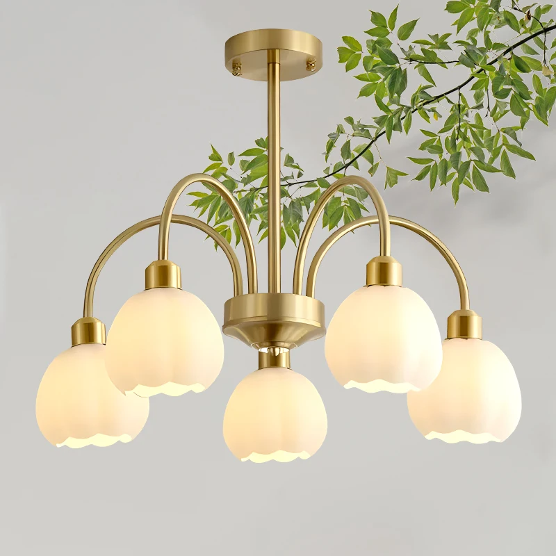 French pastoral style living room chandelier, all copper dining room bedroom light, cream lily of the valley glass lampshade, Am