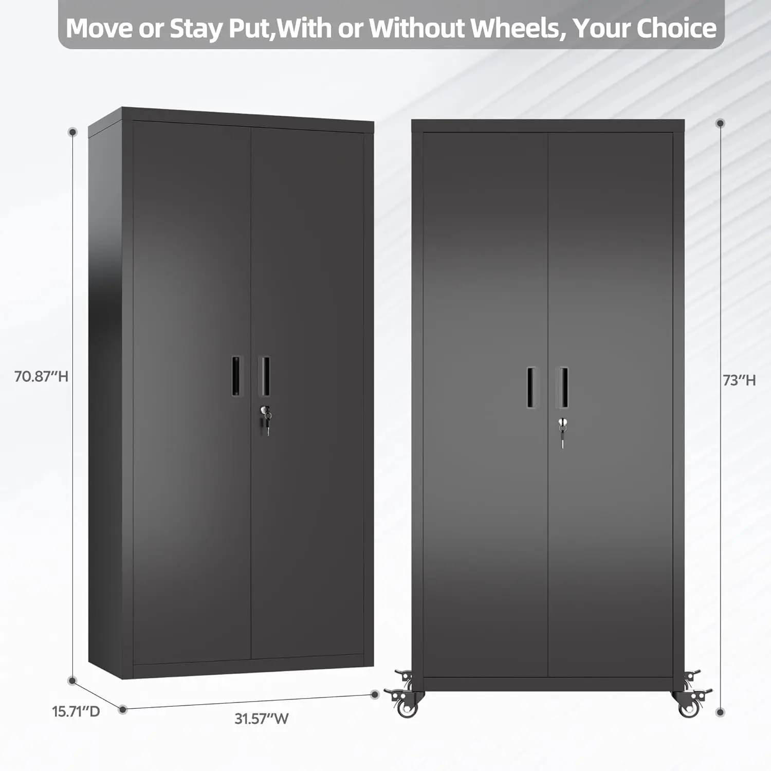 Garage Storage Cabinet with Optional Wheels,73" Metal Lockable File Cabinet with 2 Doors and 4 Adjustable Shelves,Tool Storage,
