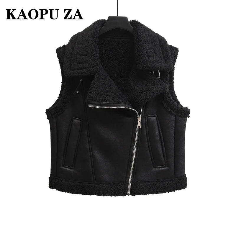 KAOPU ZA 2024 New AutumnWinter Woman Casual Solid Color Sleeveless zipper Gilet Vest Female Fashion Turn-down Collar Pockets Top