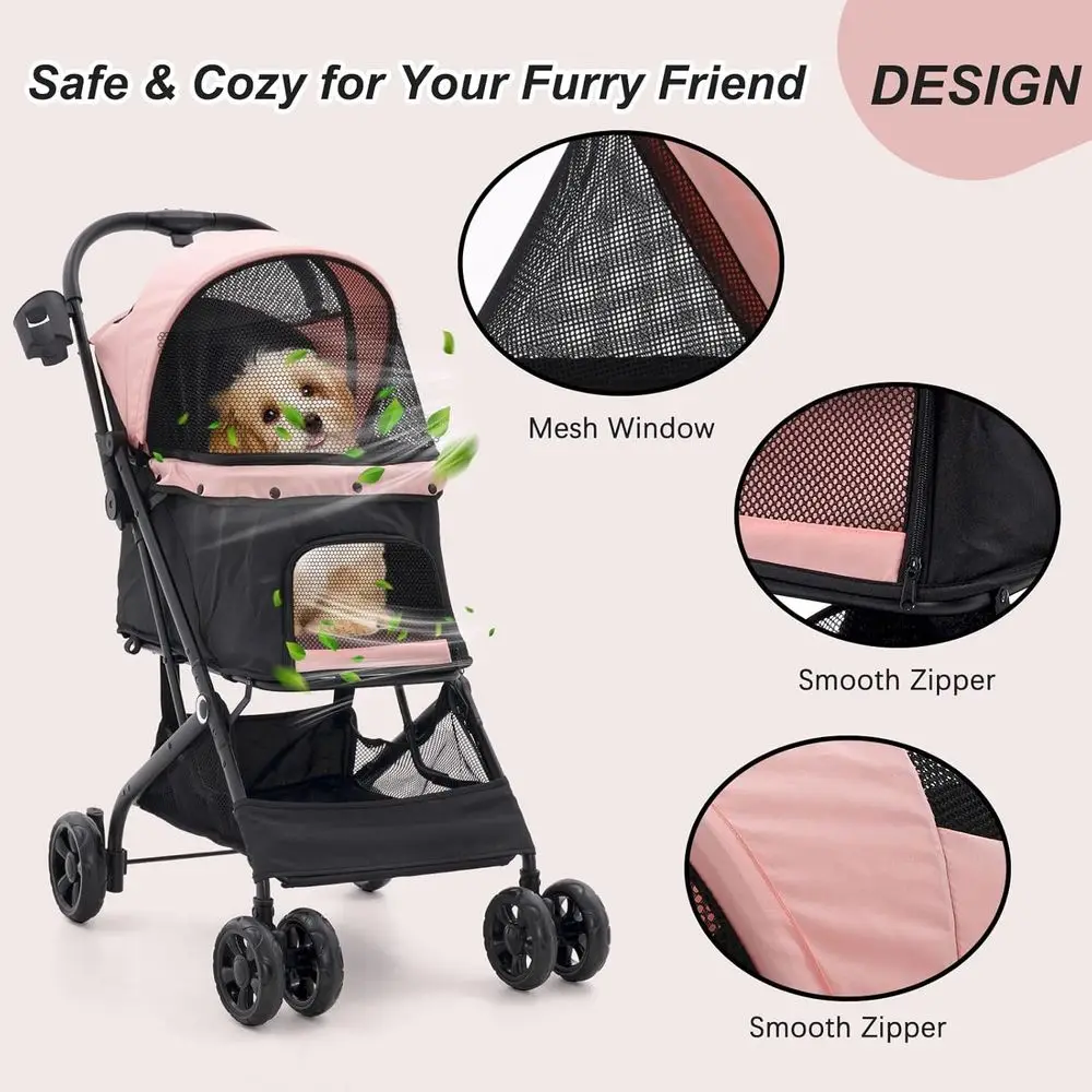 عربة أطفال للحيوانات الأليفة قابلة للطي بأربعة عجلات للكلاب والقطط بوزن 10-36 رطل مع مساحة تخزين، وحامل أكواب، شبكي، لجميع المواسم - وردي #4
