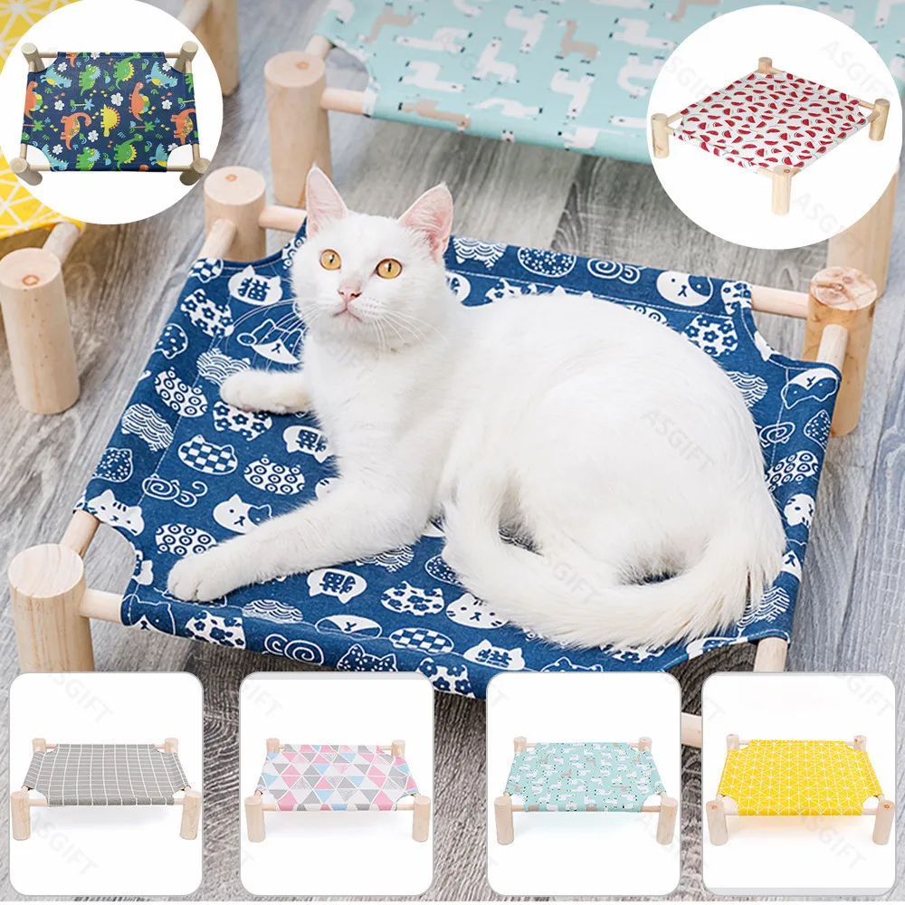 Elevated Dog Cat Bed Wooden Furniture Canvas Mat Pet Puppy Cat Hammock Lounger Bed Pet Sleeping Supplies for Rabbit Cat Dog