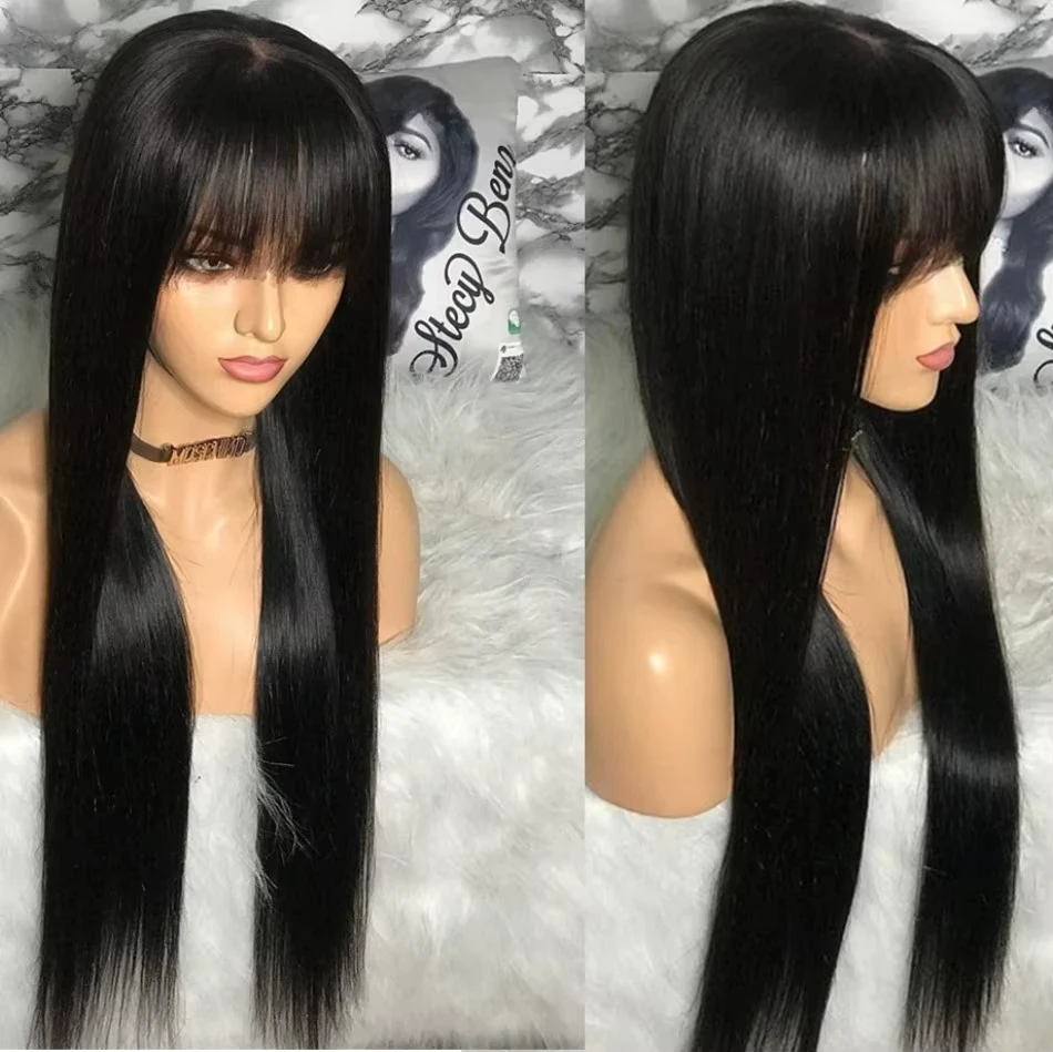 With Bangs Bone Straight Human Hair Wigs For Women Glueless Wig Human Hair 30 Inch Brazilian 3x1 Lace Wigs Natural Black Color image 2