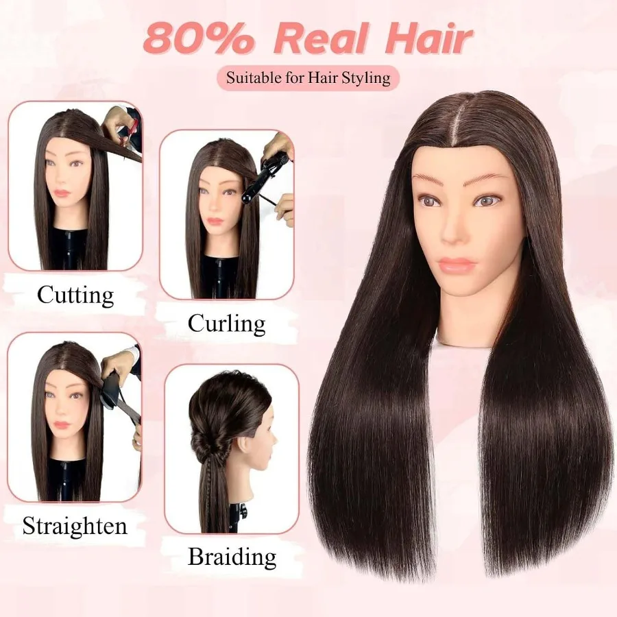 رأس عارضة أزياء مع 80 شعر بشري حقيقي لممارسة التجميل الاحترافية في تطبيقات تصفيف الشعر والقطع