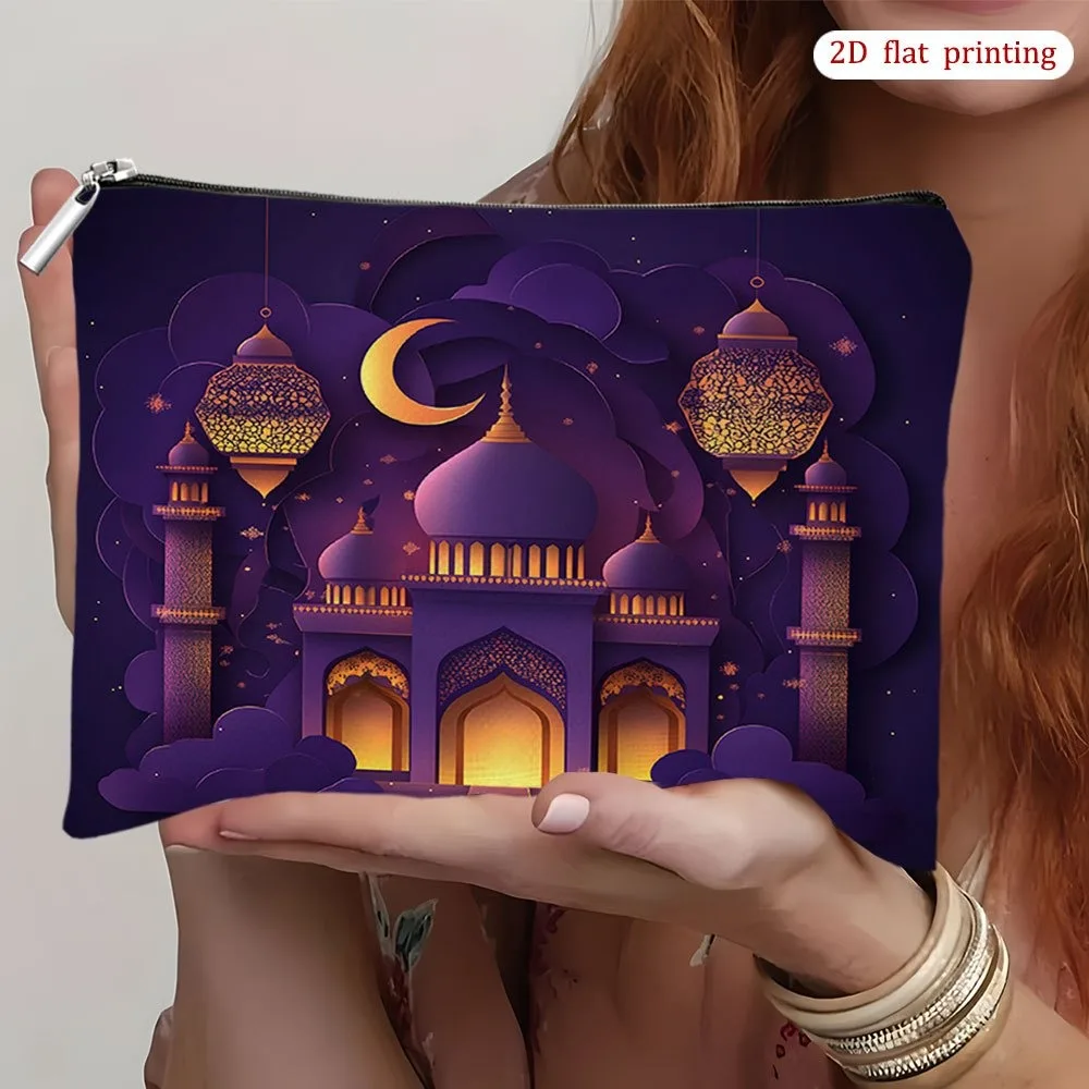 

Исламская косметичка-органайзер с фиолетово-золотым узором в виде полумесяца и фонаря, на молнии, для путешествий, подходит для женщин, культурный подарок на Рамадан