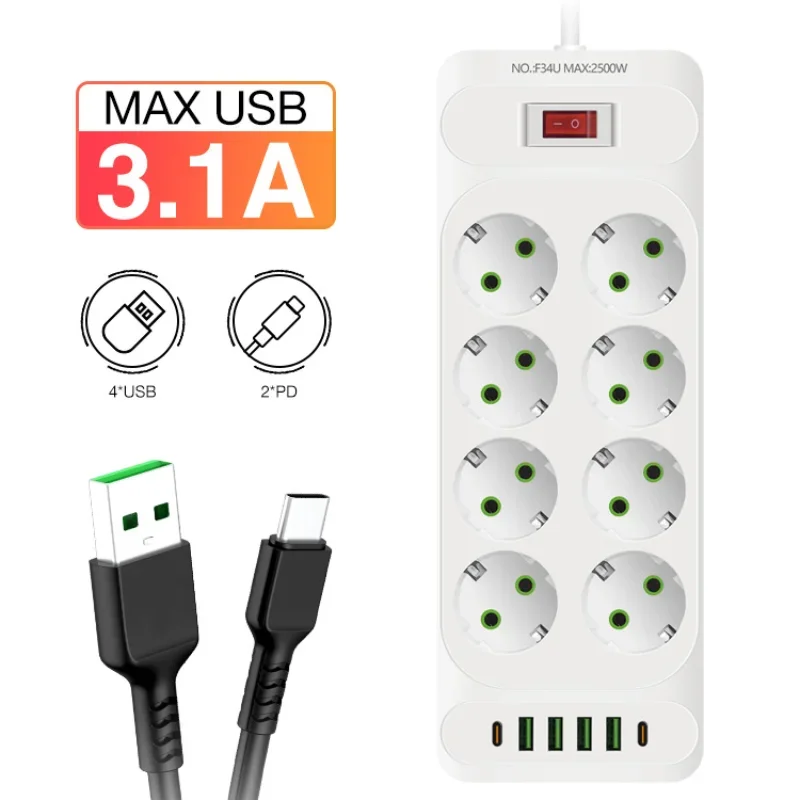 EU Plug Power Strip Extension Cable Multiprise 8 AC Outlets Electrical Socket with 4 USB 2 Type-C Network Filter Fast Charging