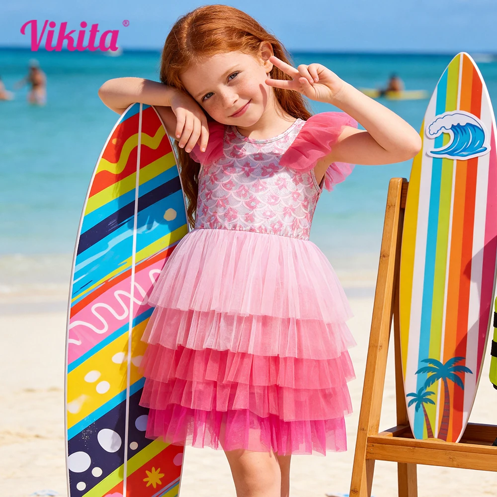 Robe de soirée scintillante pour filles, motif écailles de sirène, en tulle superposé, manches volantées en polyester, rose dégradé, pour l'été