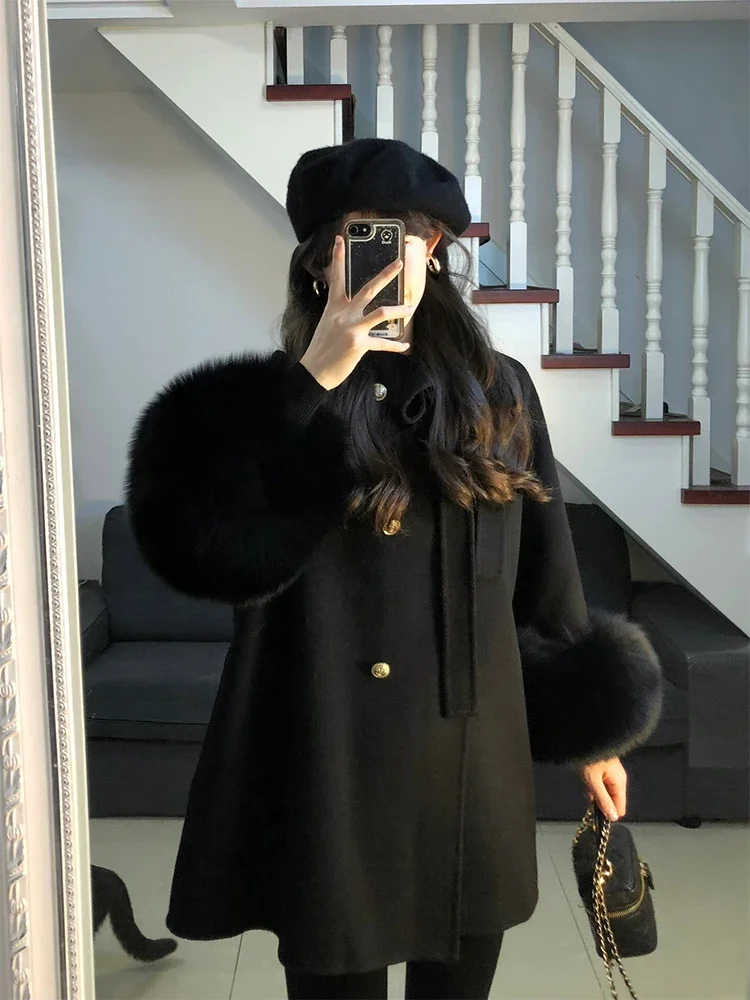 Large Size Winter High-end Woolen Coat Female 2024 New Women's Clothing Loose Long Sleeve Mid-length Wool Black Coats for Women