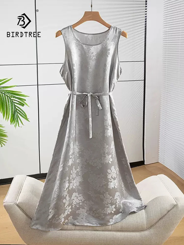 BirdTree, 100%Real Silk Elegant Dress, Women Sleeveless Jacquard, Temperament Retro Commute Dresses, 2024 Summer Autumn D46938QC