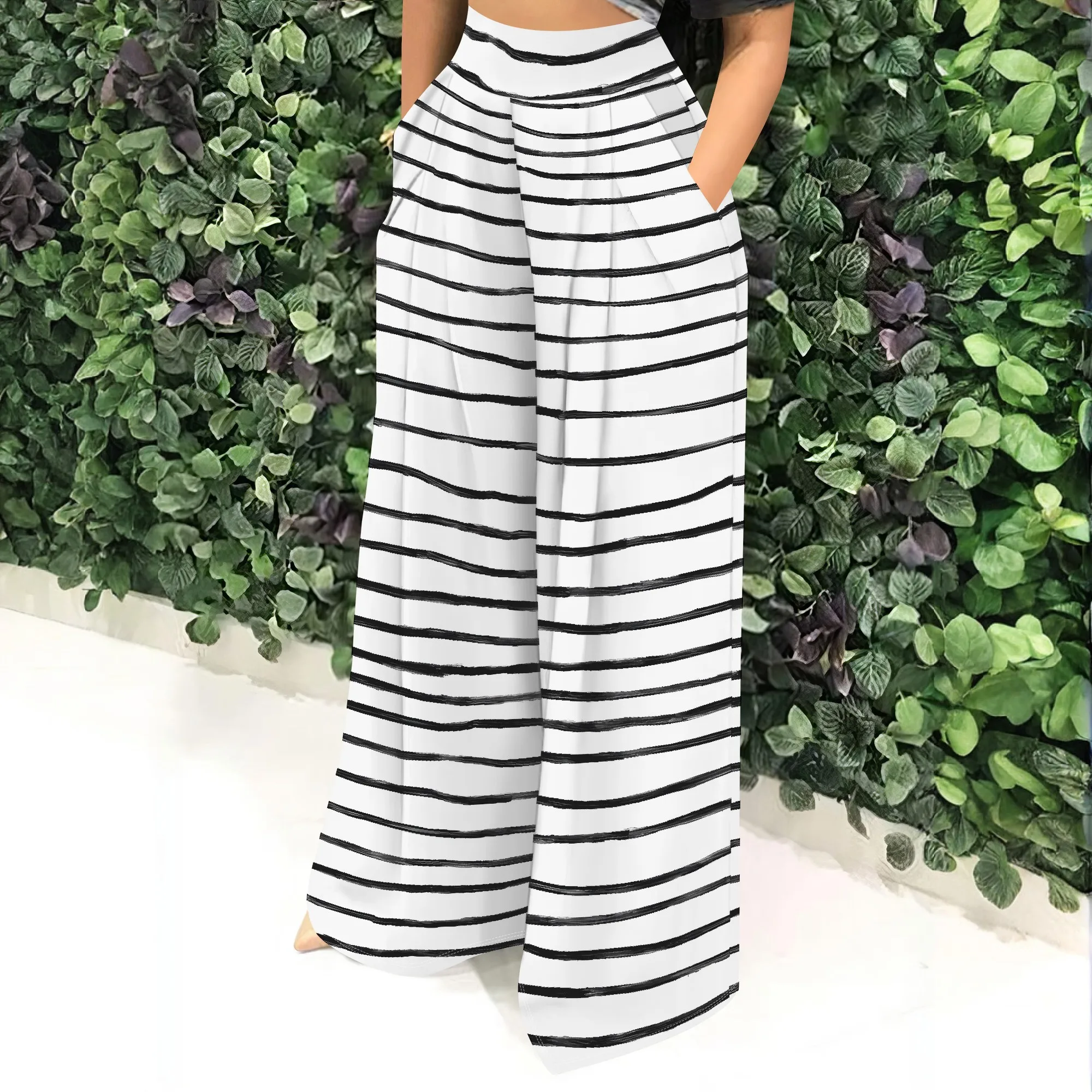Striped Wide Leg Pants, High Waisted Trousers, Casual Palazzo Pants with Pockets, Summer Beach Wear for Women, S-2XL