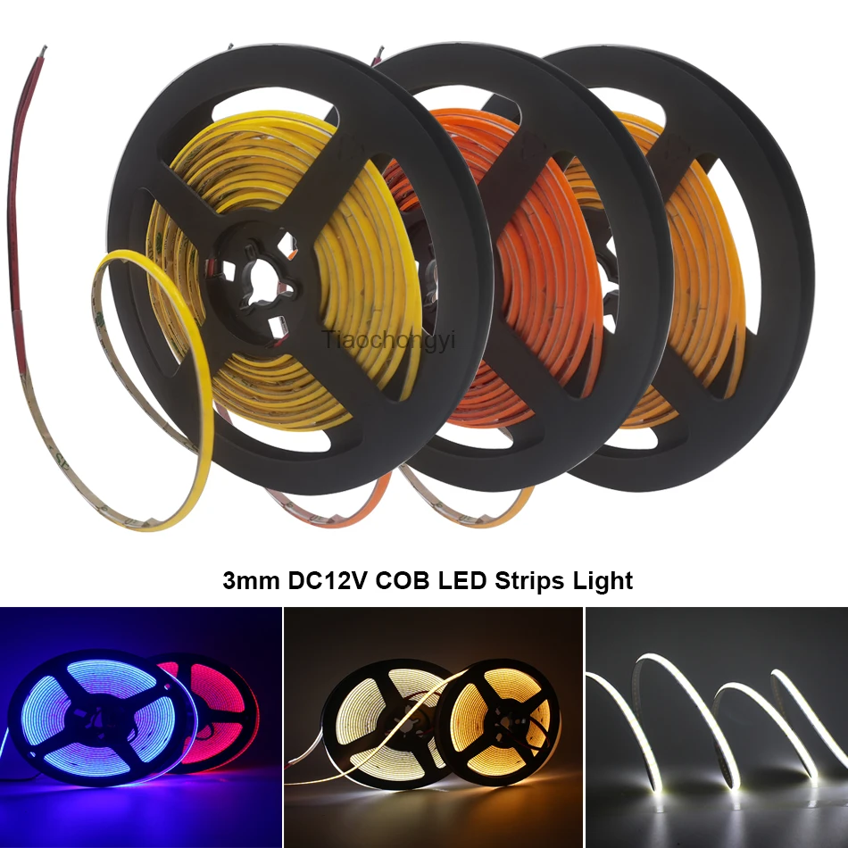 3mm Ultra Thin DC 12V Colorful COB LED Strip Lights 384LEDs/m for Home Decor Car DIY FPV Blue/Pink/Red High Density LED Tape