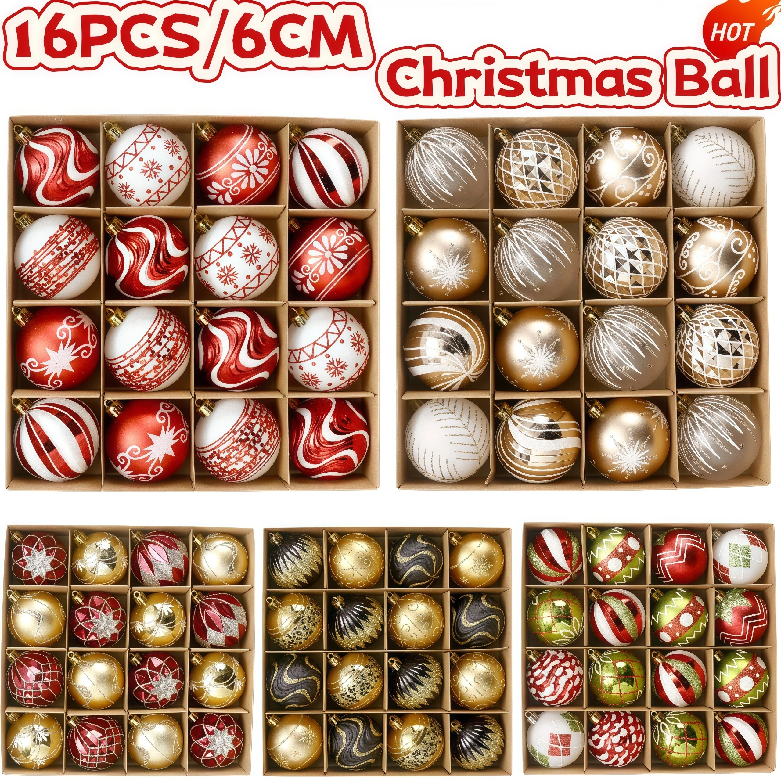 16 uds/6CM bola de Navidad copo de nieve patrón de rayas combinación adornos de árbol de Navidad decoraciones navideñas de lujo bola de Navidad