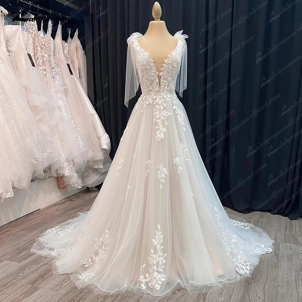 Lakshmigown Tank Wedding Dress for Woman Bride V-neck Sleeveless Appliques Tulle Wedding Gown with Bow Shoulder Decoration Cover