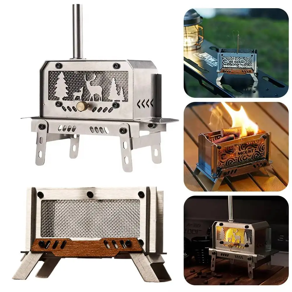 Mini Outdoor Firewood Stove with Chimney Aromatherapy Holder Stainless Steel Camping Wood Stove for Backpacking Fishing