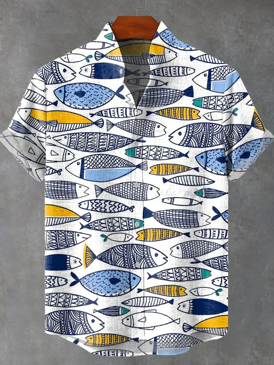 Men's new summer beach casual fish pattern short sleeved shirt fishing enthusiast clothing linen button up shirt