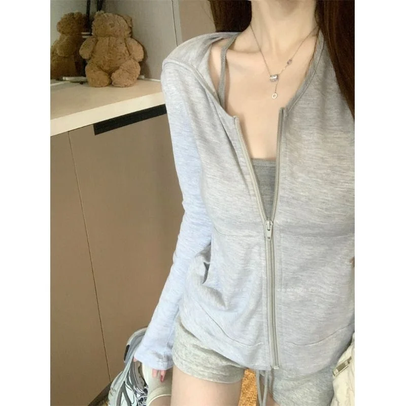 

Women's Slim Fit Long Sleeve Hooded Sun Protection Jacket Spring New Style Thin Cardigan Lazy Style High End Zipper Top Trendy