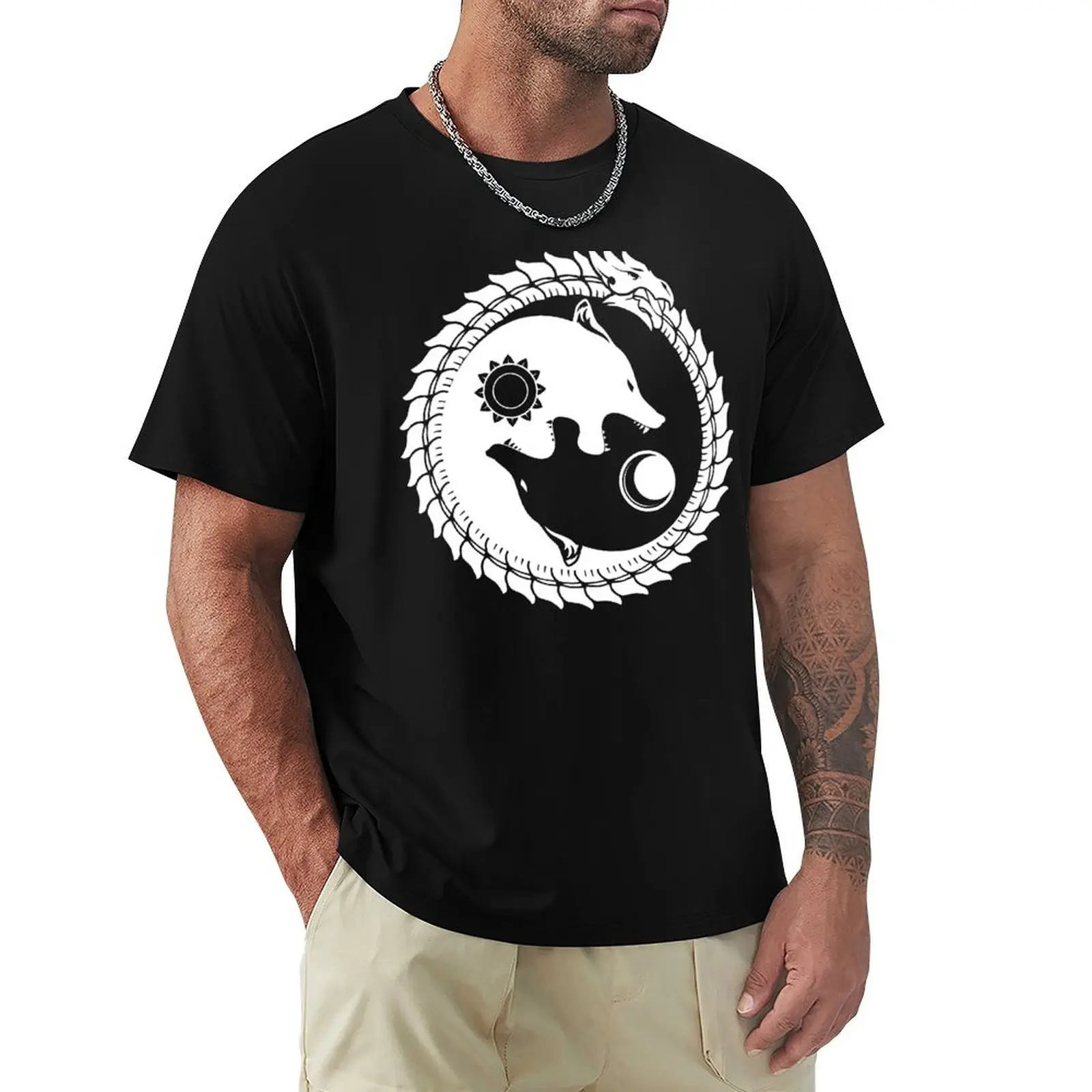 Viking Dragon Two Wolves Hati and Skoll devour the Sun and the Moon Viking T-Shirt Stretch Fabric Comfort T-Shirt