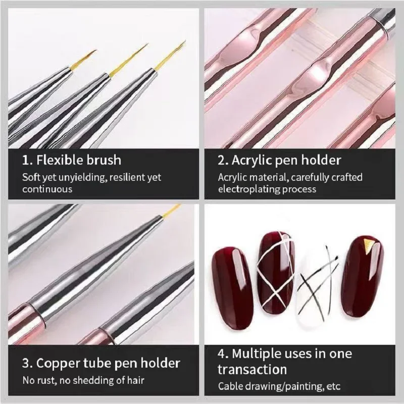 3pcs/Set Acrylic French Stripe Nail Art Line Painting Pen 3D Tips Manicure slim Line Drawing Pen UV Gel Brushes Painting Tools