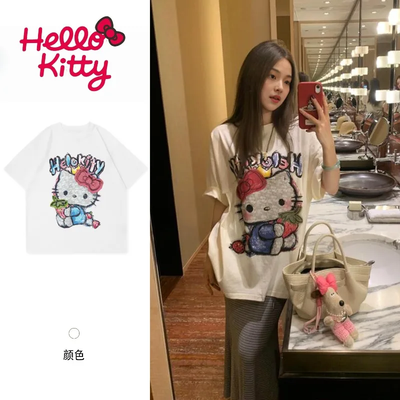 

American Style Design Kitty Cat Print Short Sleeved T-shirt for Women in Summer 2025 Loose White Pure Cotton Upper Garment
