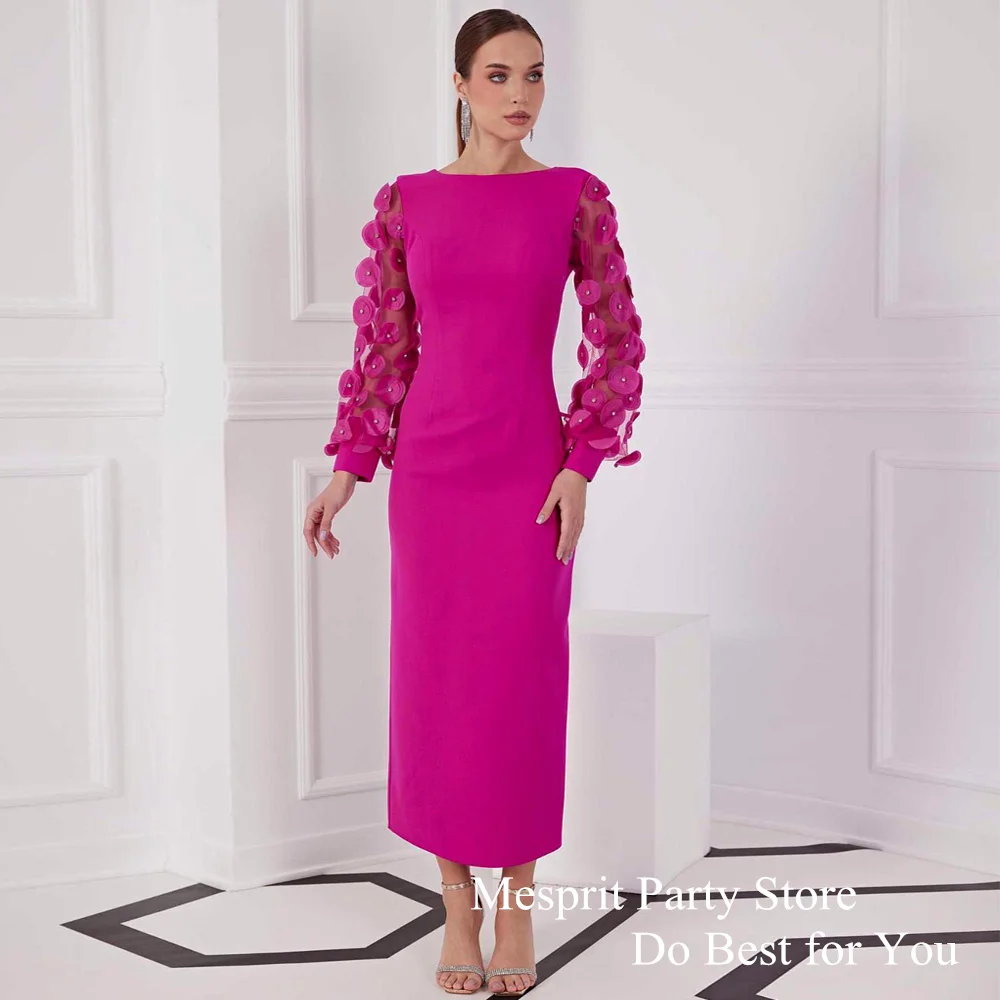 Mesprit Fuchsia Evening Dresses for Woman Long Sleeve Pearl Flowers Arabic Prom Gown for Dancing فساتين للمناسبات الرسمية