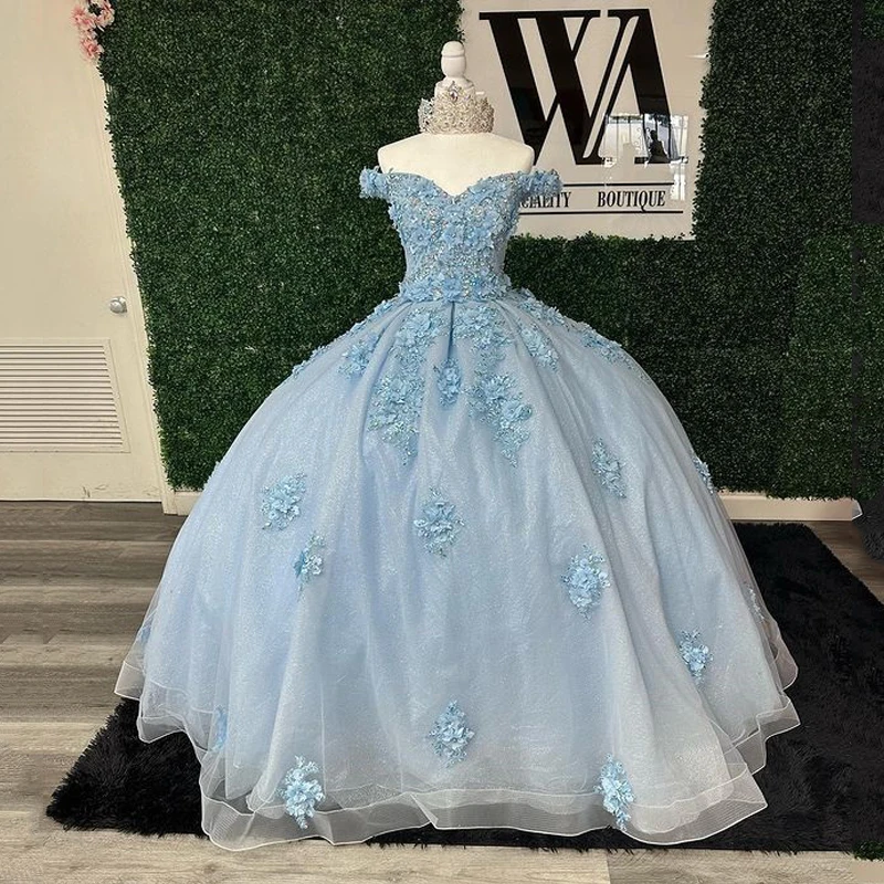 

Sky Blue Puffy Quinceanera Dresses Ball Gown Off The Shoulder Tulle Appliques 3DFlower Cheap Sweet 16 Dresses