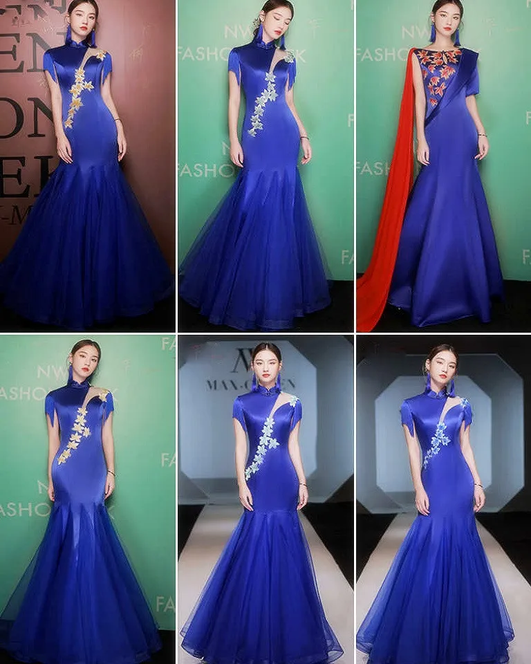 Blue Cheongsam Chinese Style Fashion Show Advanced Guzheng Erhu Performance Adult Choral Costume Annual Meeting Dress for Women