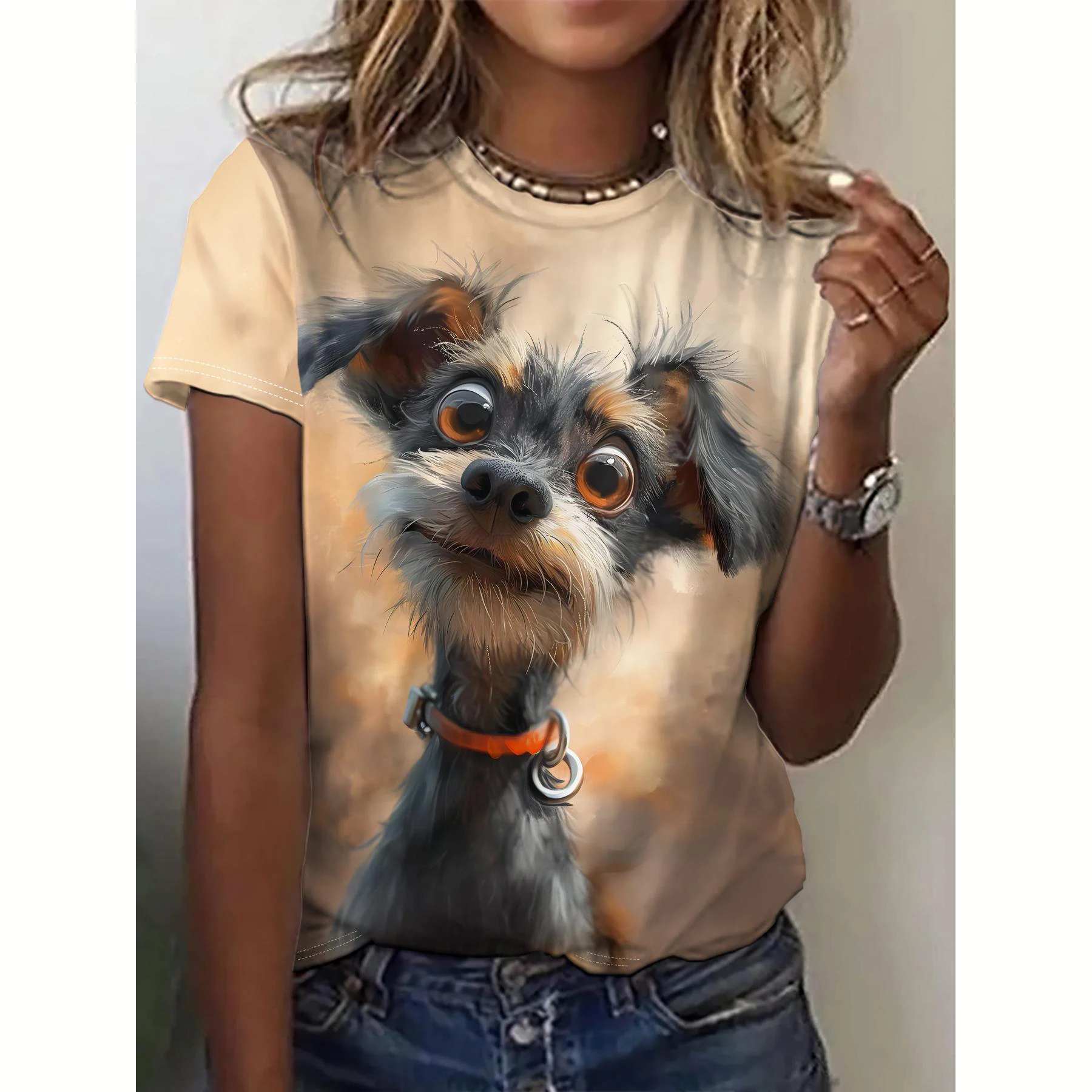Kaos Wanita Musim Panas Motif Anjing Kasual Lengan Pendek 3D Kaos Fashion Streetwear Kerah Bulat Pullover Ukuran Besar Pakaian Wanita