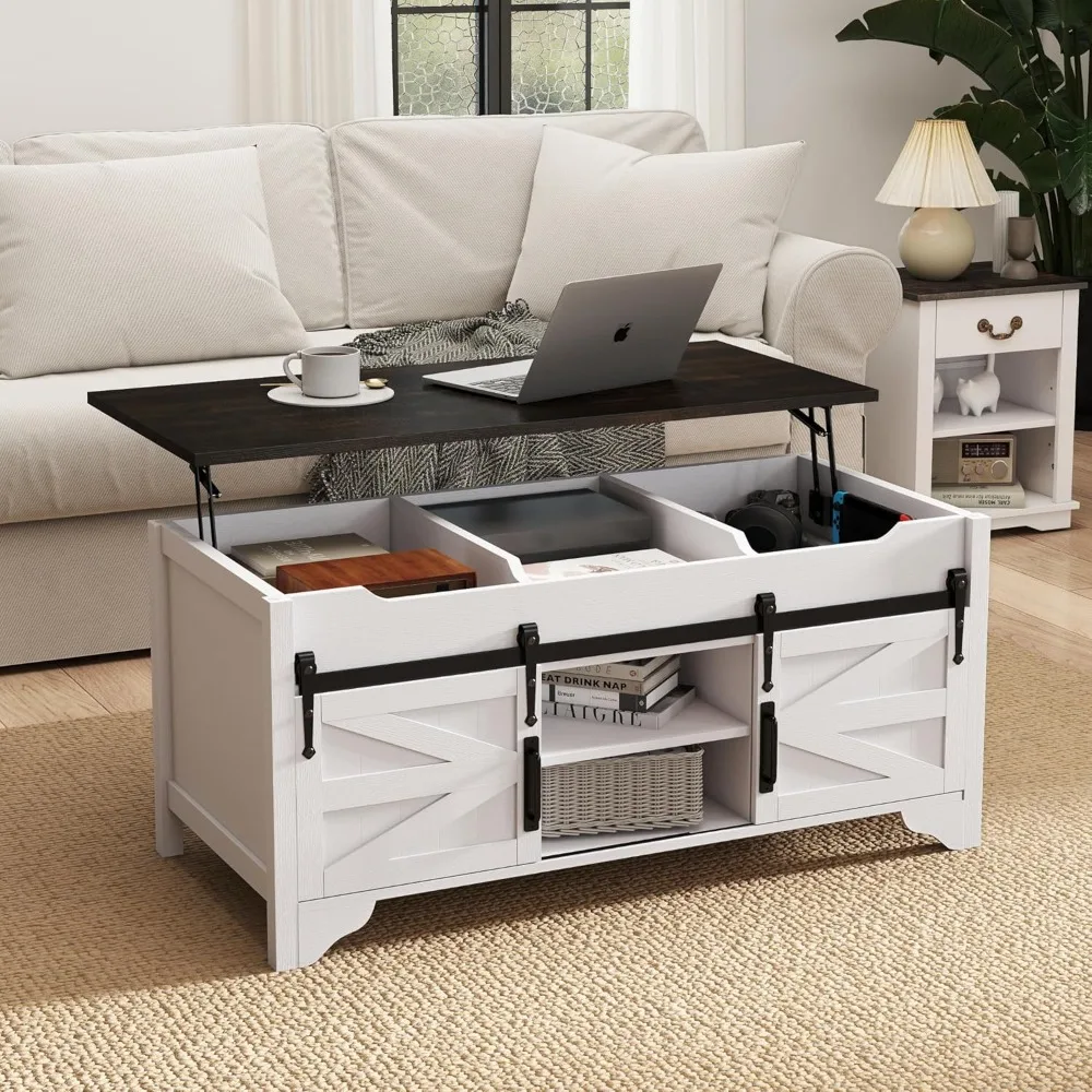 

Верхний журнальный столик с раздвижной дверью сарая Журнальные столики для хранения в деревенском стиле, деревянный прямоугольный центральный стол со скрытым хранилищем