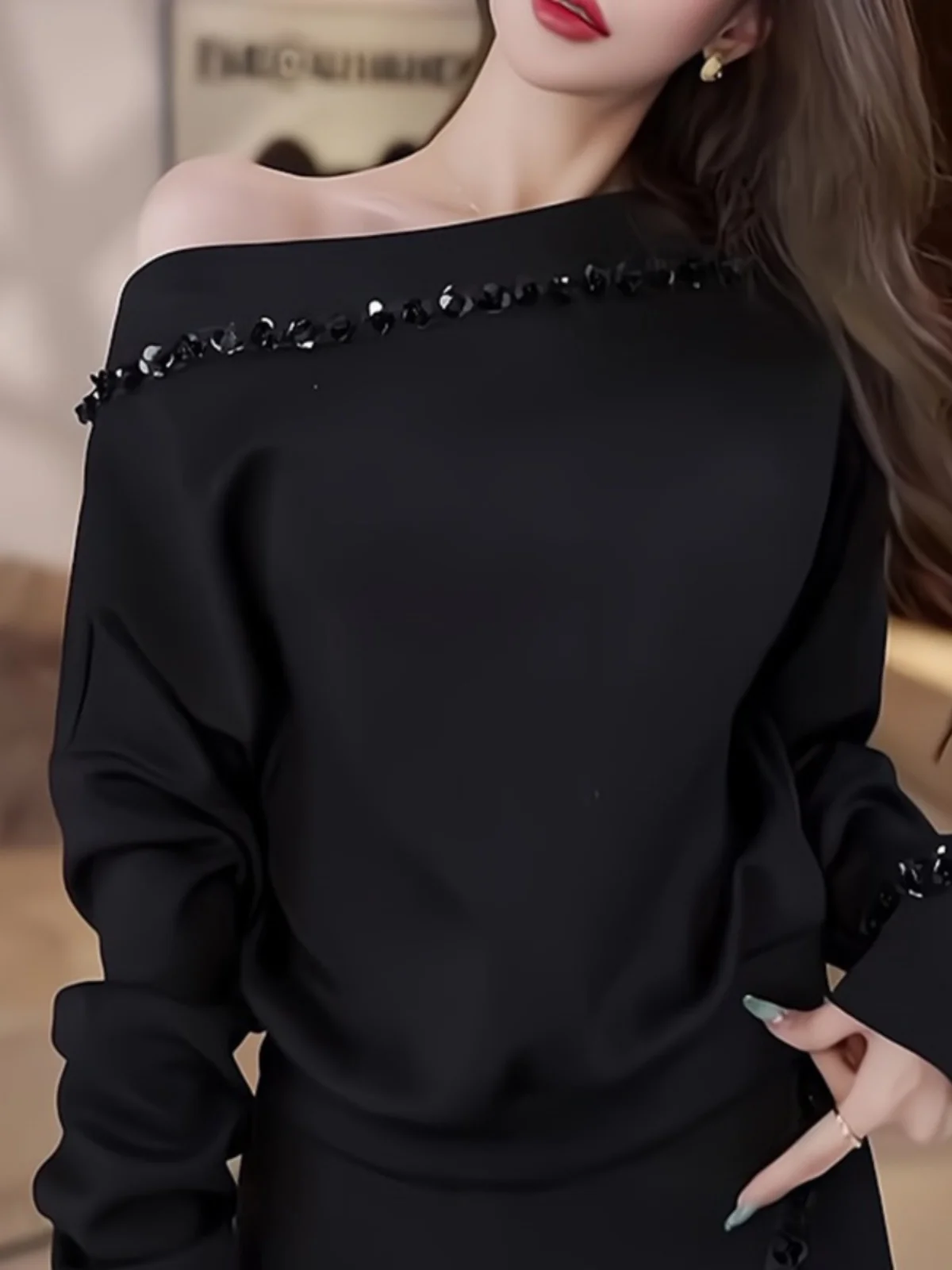 

Faionable Korean Sle Bla oulder Knitted Sweater Women's Autumn New Simple Elegance High-End Feeling Sweatirt