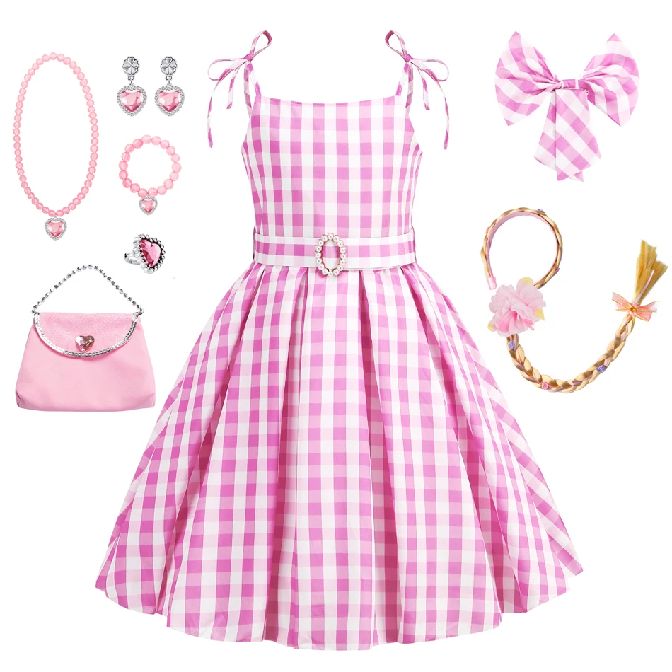 Girls Barbi Cosplay Dress Children Pink Plaid Princess Costume Kids Birthday Party Outfits Fantasy Elegant Gown