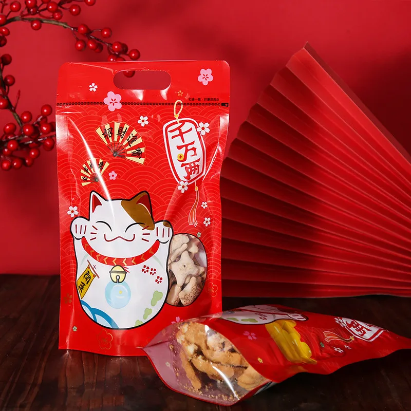 

50Pcs Chinese New Year Gift Bag Lucky Cat Snow Crisp Nougat Self Zipper Ziplock Bags Cookie Baking Snacks Packaging