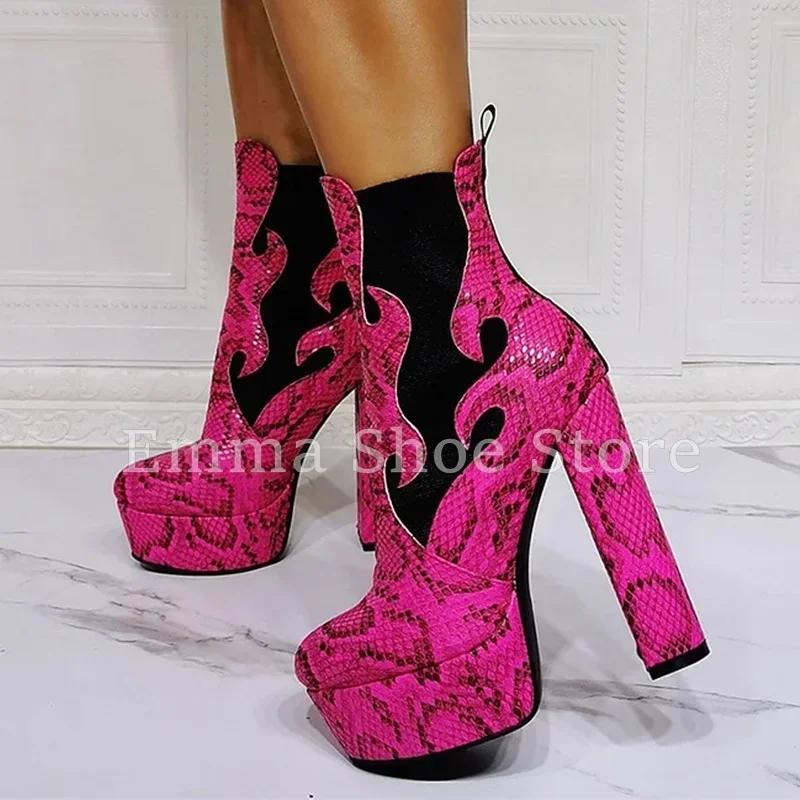 

New Arrival Rose Red Snake Print Platform Ankle Boots Hot Chick Chunky Heel Flame Modern Boots Sexy Large Size Women's Pumps