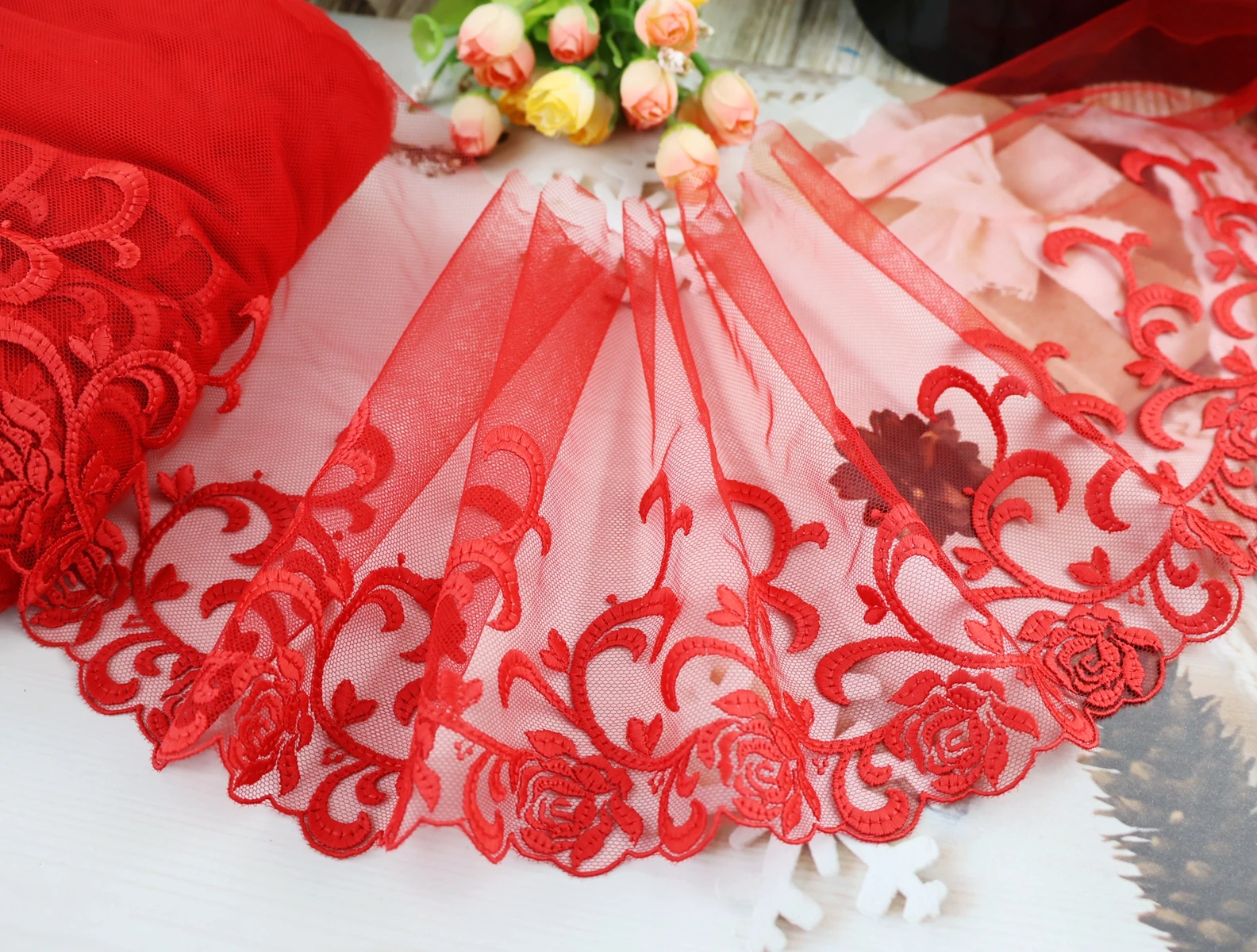 Wholesale Lot 1 Yards Delicate Embroidered flower Pink/Purple/Red/White/Black tulle lace trim DIY/sewing/Wedding Lace 03