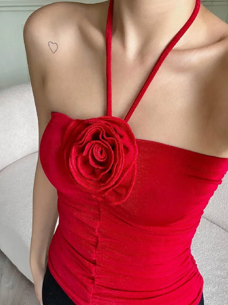 ثلاثية الأبعاد زهرة المرقعة الرسن أنبوب القمم قبالة الكتف عارية الذراعين تانك 2024 مثير بلوزات غير مغطية للكتف Ruched الأسود سترات صغيرة