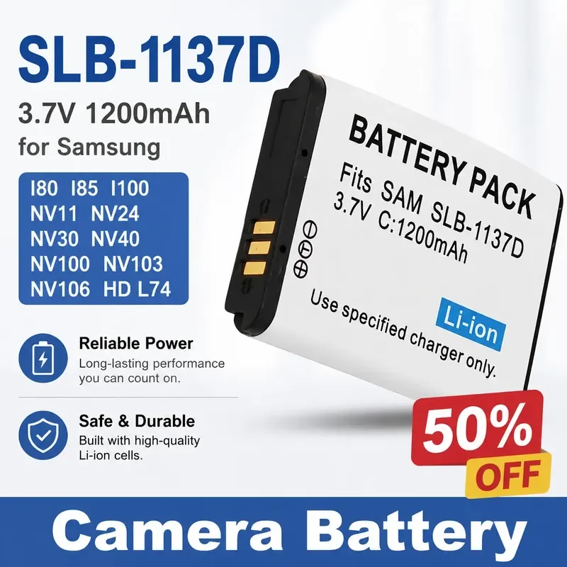 

SLB-1137D Camera Battery 3.7V 1200mAh for Samsung I80 I85 I100 NV11 NV24 NV30 NV40 NV100 NV103 NV106 HD L74 Li-ion Battery