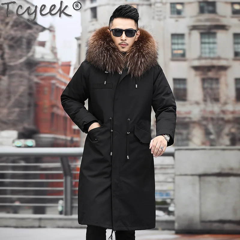 Tcyeek-Parka larga forrada de piel de zorro para hombre, abrigo de piel Real, chaquetas de invierno, abrigos a prueba de frío, ropa de calle desmontable